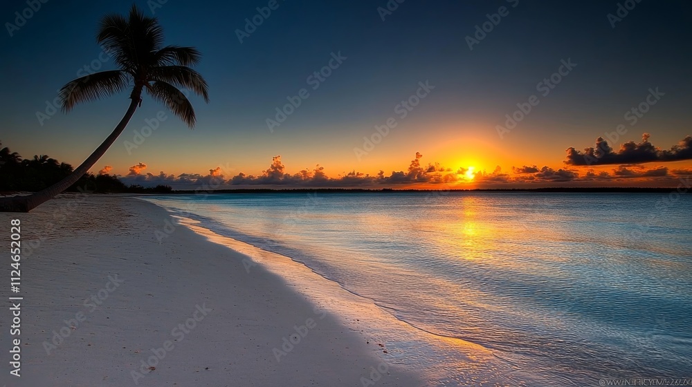 Poster a serene tropical beach features gentle turquoise waves and a bent palm tree leaning toward the warm