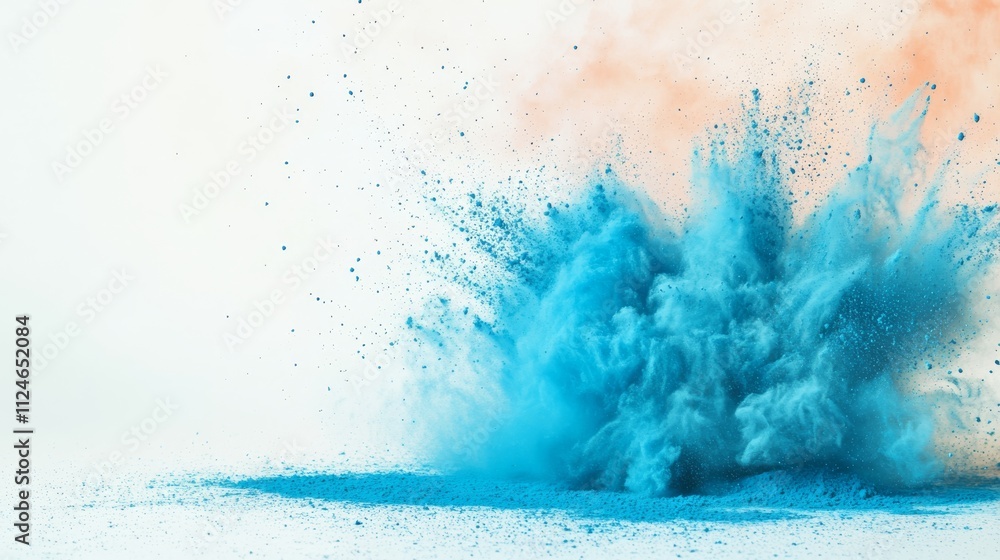 Poster a vibrant burst of cyan blue powdered paint is captured mid-air against a soft pastel background tha