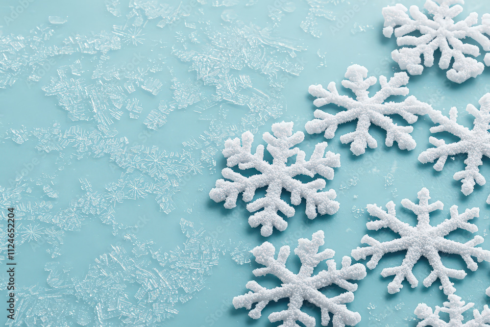 Poster wintery snowflake pattern background with icy blue texture and white snowflakes creating serene and 