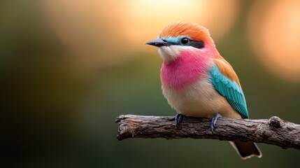 Fototapeta premium Displaying an exquisite blend of orange and pink feathers, this small bird rests on a branch against a blurred background, symbolizing nature's artistry.
