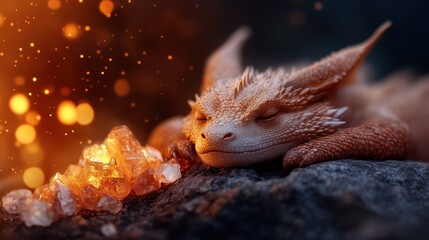 Obraz premium A small peaceful orange dragon is illustrated slumbering beside fiery glowing gems, encapsulating a mythical charm and magical warmth with shades of fantasy.