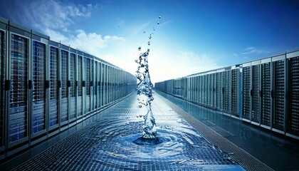 Data Center Cooling: Water droplet splash amidst rows of powerful servers, symbolizing efficient and sustainable technology.  