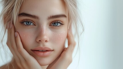 Naklejka premium Young woman with striking blue eyes and natural makeup gently touching her face in soft light
