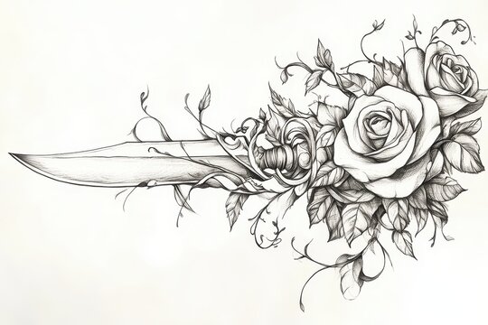 Dagger and rose tattoo sketch, with a blade surrounded by twisting vines and blooming roses, space for text.