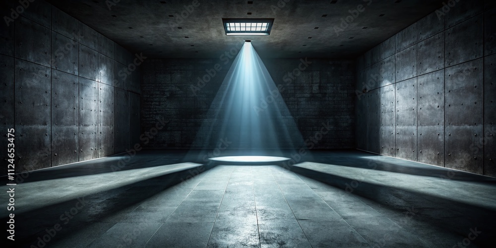 Poster aerial view of a single spotlight illuminating a dark, empty room with shadows creating an eerie and