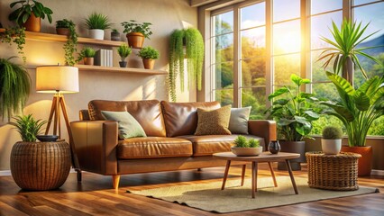 Fototapeta premium Cozy Living Room Interior: Brown Sofa, Green Plants, Wicker Basket - Home Decor Inspiration
