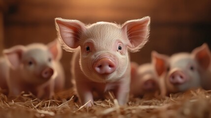 A curious piglet stands amidst straw, casting a delightful and heartwarming scene as the barn's warm glow enhances the gentle countryside feel.