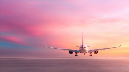 A modern airplane gracefully lands on a runway with a stunning sunset background, showcasing the elegance of aviation and the beauty of the evening sky.