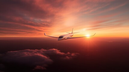 A plane flies majestically above the clouds at sunset, highlighting the beauty and wonder of...