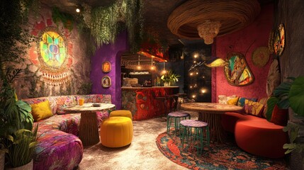 A quirky cafe with eccentric decor and themed furnishings, showcasing the unique and imaginative aspects of restaurant design. Concept of themed cafe and interior design.