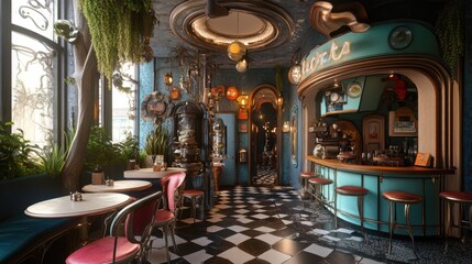 A quirky cafe with eccentric decor and themed furnishings, showcasing the unique and imaginative aspects of restaurant design. Concept of themed cafe and interior design.