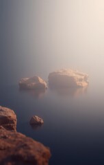 Misty Morning Rocks In Calm Water