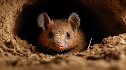 An animal with soft brown fur sits inside its earthy burrow, surrounded by textured walls, expressing a sense of safety and connection to its natural environment.