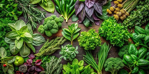 Obraz premium Aerial View of Assorted Fresh Greenery Displayed Together in a Vibrant Arrangement, Showcasing Various Leafy Plants and Natural Textures for Healthy Living and Culinary Use