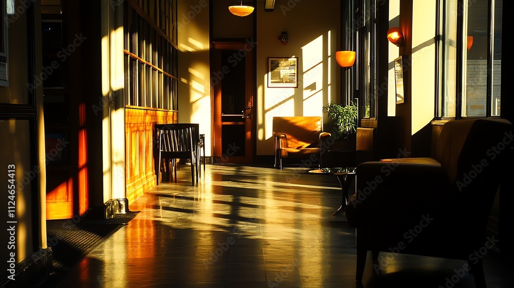 Aufkleber a long, empty hallway in a building with large windows and a wooden wall. sunlight streams in, creat