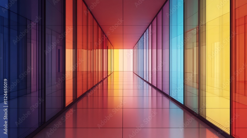 Poster abstract colorful glass corridor with vibrant multicolored panels : generative ai