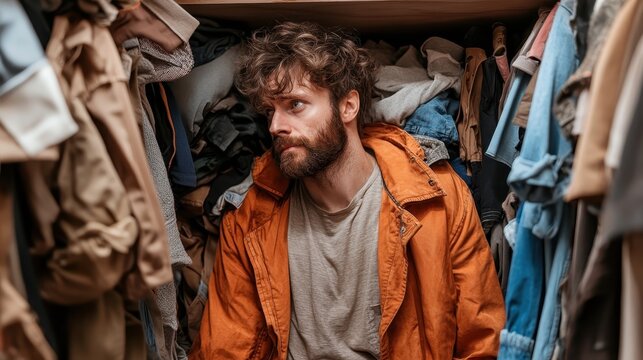 A man in a messy pile of clothes, wearing a beige shirt and orange jacket, reflects cluttered lifestyle and disorganization, evoking feelings of overwhelm.