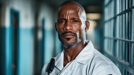 A stern and confident guard stands in a dimly lit hallway, exuding authority and vigilance as he embodies a figure of security and strength in a challenging environment.