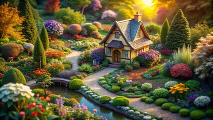 Fototapeta premium Aerial View of a Tiny Fantasy Home Surrounded by Lush Greenery and Enchanted Garden Elements, Capturing the Charm of Whimsical Architecture in a Magical Landscape