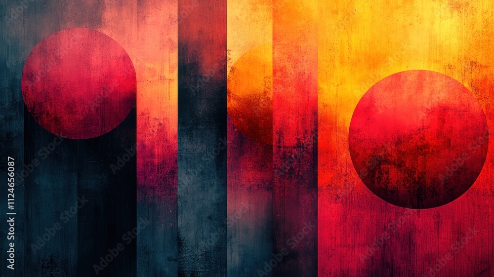 Poster abstract design featuring vibrant circles and textured vertical lines.