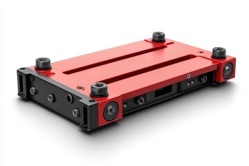 A red and black industrial component, likely a mounting plate or chassis for equipment.