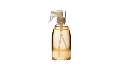 Clear spray bottle filled with liquid displayed on a white background, showcasing its functional design and smooth curves on transparent background