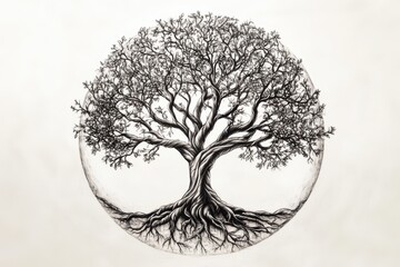A tattoo sketch of a tree of life, with intricate roots and branches forming a symmetrical design, space for text.