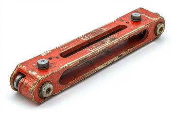 Fototapeta premium A worn, red metal component used in machinery or vehicles for structural support.