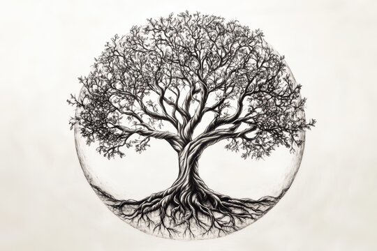 A tattoo sketch of a tree of life, with intricate roots and branches forming a symmetrical design, space for text.