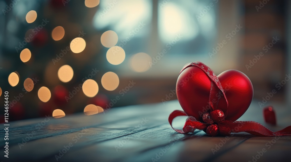 Poster a red heart with a ribbon on a table with blurry lights in the background and a blurry background.