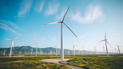 Obraz premium Wide-Angle View of Wind Turbines in Wind Farm for Clean Energy and Sustainable Power