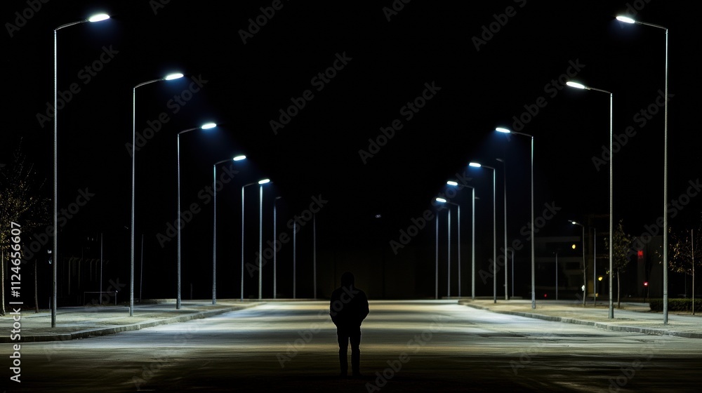 Poster A solitary person stands on an empty street at night, surrounded by illuminated streetlights that cast long shadows, with blank space above for text. Generative AI