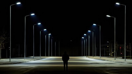 A solitary person stands on an empty street at night, surrounded by illuminated streetlights that cast long shadows, with blank space above for text. Generative AI