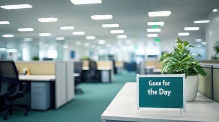 Bright Office Desk with "Gone for the Day" Sign