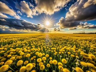 Fototapeta premium Aerial View of a Vast Dandelion Field under a Mixed Sky: A Dense Sea of Dandelions Bathed in Sunlight and Shadows, Capturing Nature's Beauty from Above