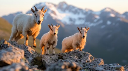 Naklejka premium A group of three mountain goats stands gracefully on a rocky ledge, set against a backdrop of majestic snow-capped peaks, symbolizing strength, agility, and wilderness.