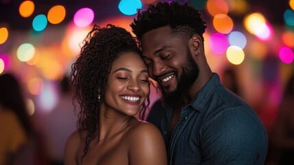 A couple shares a joyous moment together, embracing with smiles amidst a backdrop of vibrant, colorful lights, symbolizing love, happiness, and celebration at night.