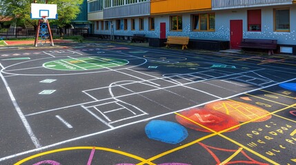 A schoolyard with a basketball court, hopscotch grid, and various outdoor games painted on the asphalt.