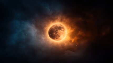 Obraz premium An intense celestial event, portraying an eclipse with an orange fiery corona against a dramatic, contrasting blue sky backdrop, capturing both power and serenity.