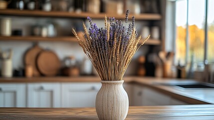 Aesthetic Lavender and Wheat Bouquet in Rustic Farmhouse Style Kitchen with Soft Warm Lighting : Generative AI