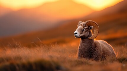 Naklejka premium A majestic bighorn sheep sits peacefully in a sunlit mountainous landscape, highlighting the beauty of nature and evoking a sense of tranquility and freedom.