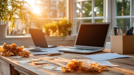 A bright and sunny home office with two laptops, scattered papers, and crumpled sheets on a wooden desk, revealing creativity and productivity chaos.
