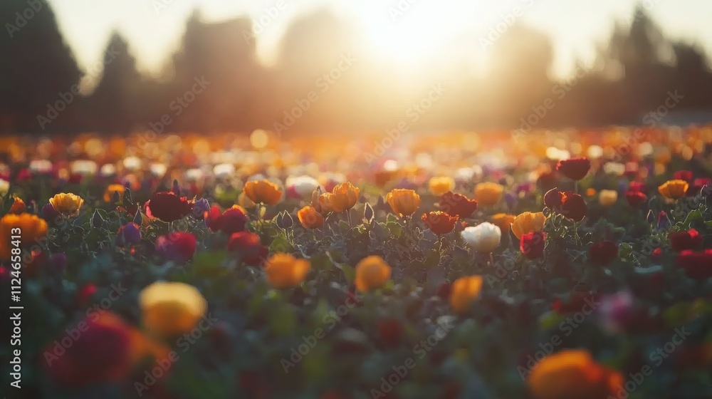 Poster a sprawling field filled with diverse flowers in various colors under soft sunlight, creating a peac