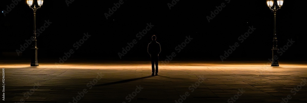 Aufkleber A single person stands alone on a desolate street, illuminated by streetlights that cast long shadows, surrounded by darkness. Generative AI