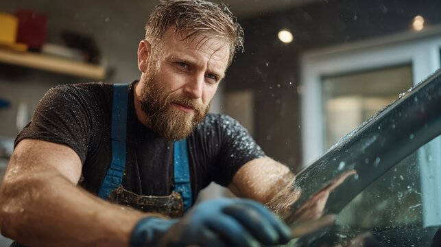 A dedicated mechanic with a beard concentrates on meticulously cleaning a car windshield, surrounded by tools in a workshop environment flecked with water drops.