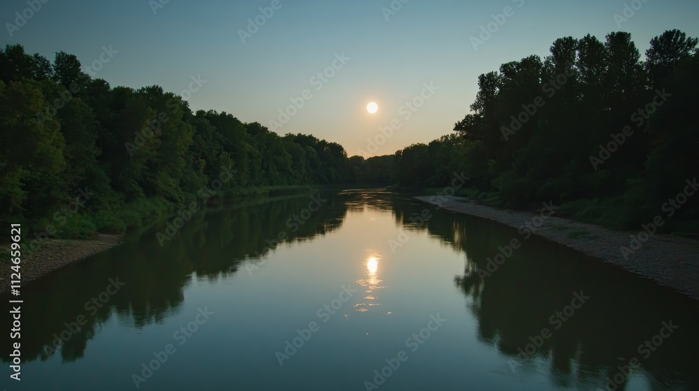 Poster a tranquil river captures the glow of a full moon at night, surrounded by trees that create gentle s