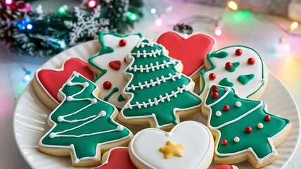 Obraz premium Soft frosted sugar cookies with holiday-themed designs, arranged on white plate with Christmas wreath and colorful lights in background
