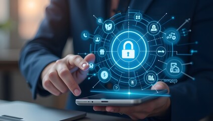 person holding a tablet with social icons