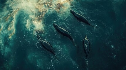 Naklejka premium Four seals swim teal ocean water.
