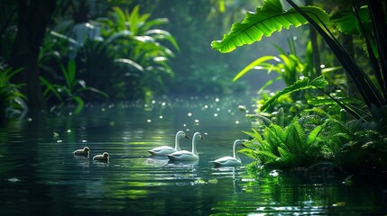 Fototapeta premium A serene pond with a family of ducks gliding across the water, surrounded by lush greenery.